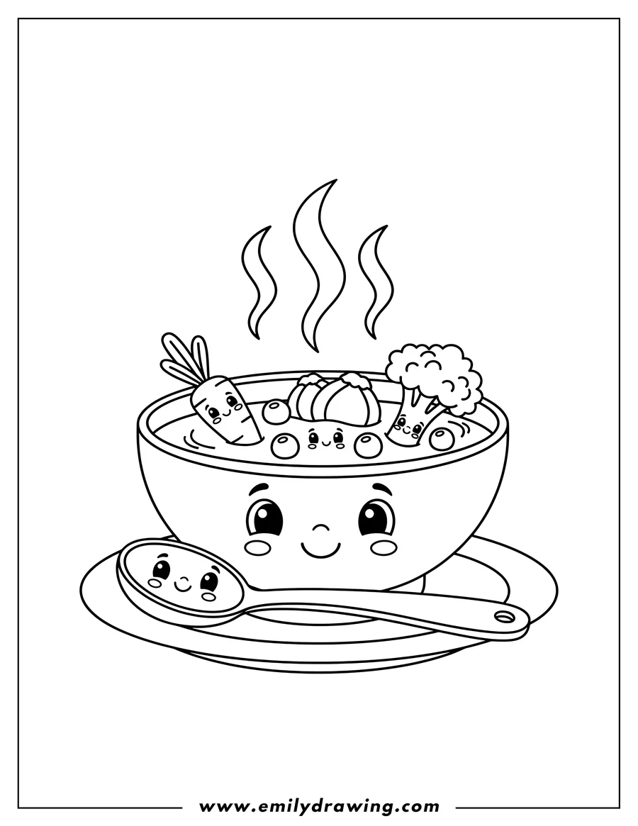 Printable line art of A bowl of soup with a spoon on a saucer