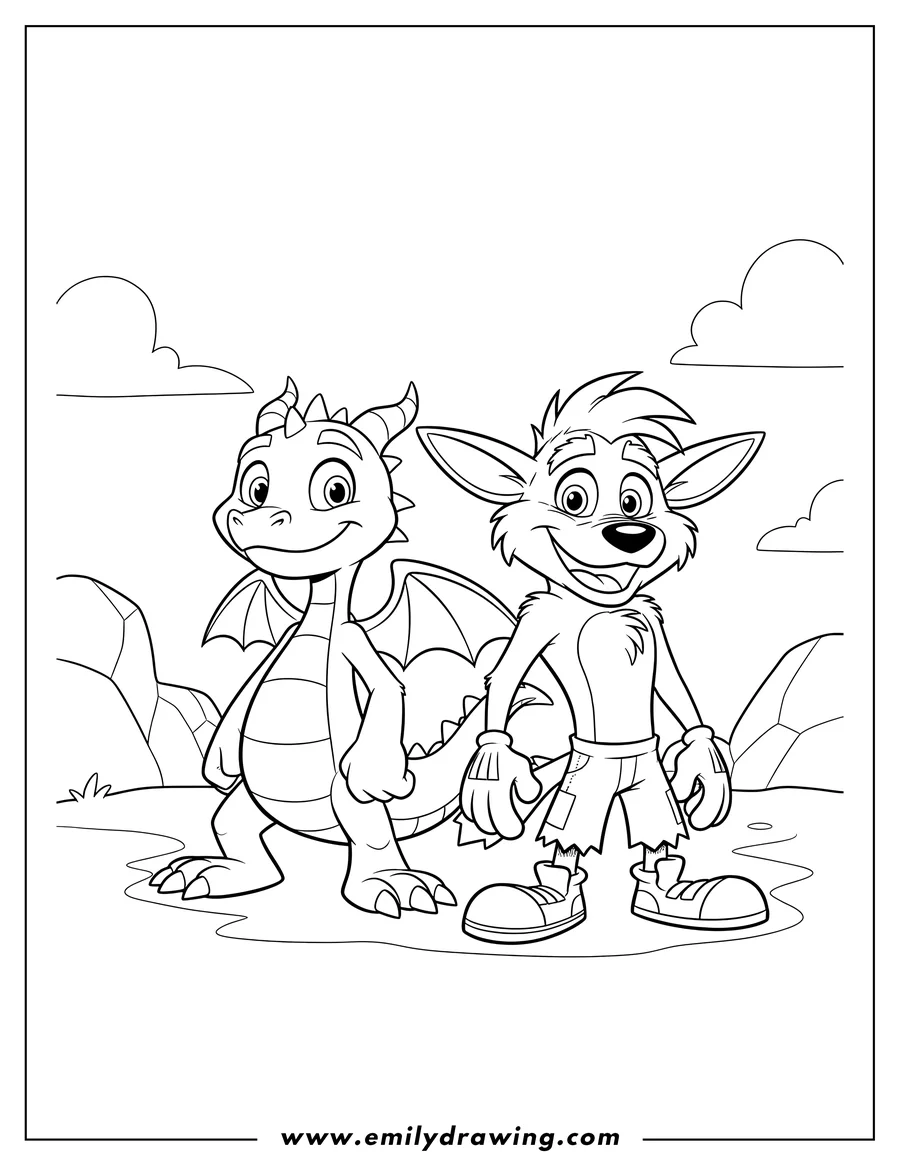 High quality printable spyro the Dragon and Crash Bandicoot standing together, grinning for coloring