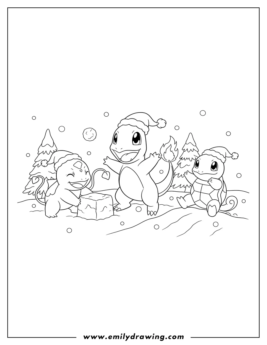 High quality printable charmander Bulbasaur And Squirtle wearing Santa hats playing in the snow for coloring