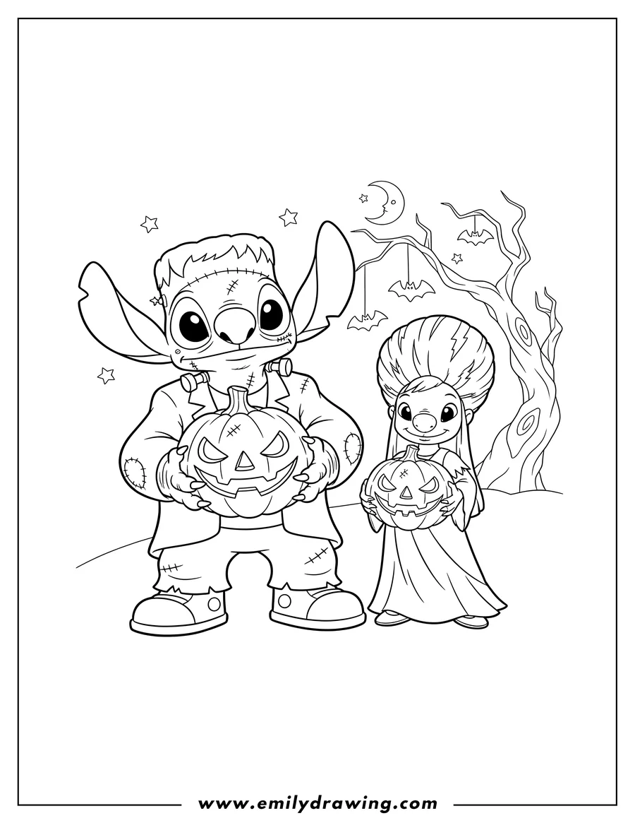 High quality printable stitch dressed as Frankenstein and Lilo as Bride of Frankenstein holding a pumpkin, Disney Halloween for coloring