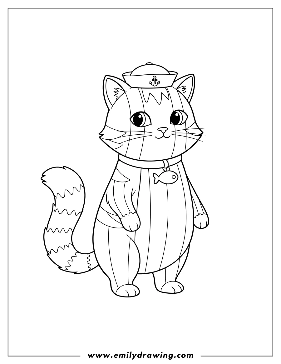 Clean line drawing: striped Pilchard Cat standing