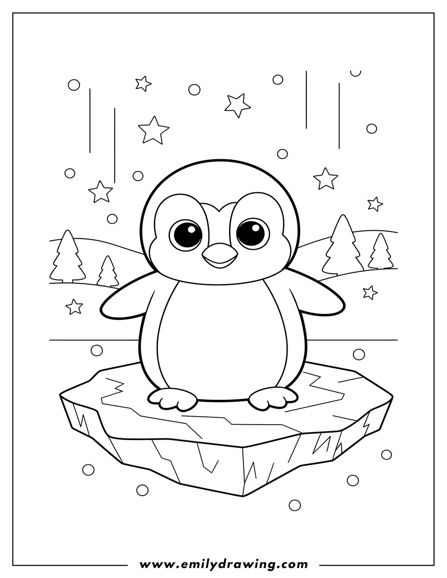Simple sketch of A Beanie Boo Waddles penguin, standing on an ice floe, in a winter wonderland to color