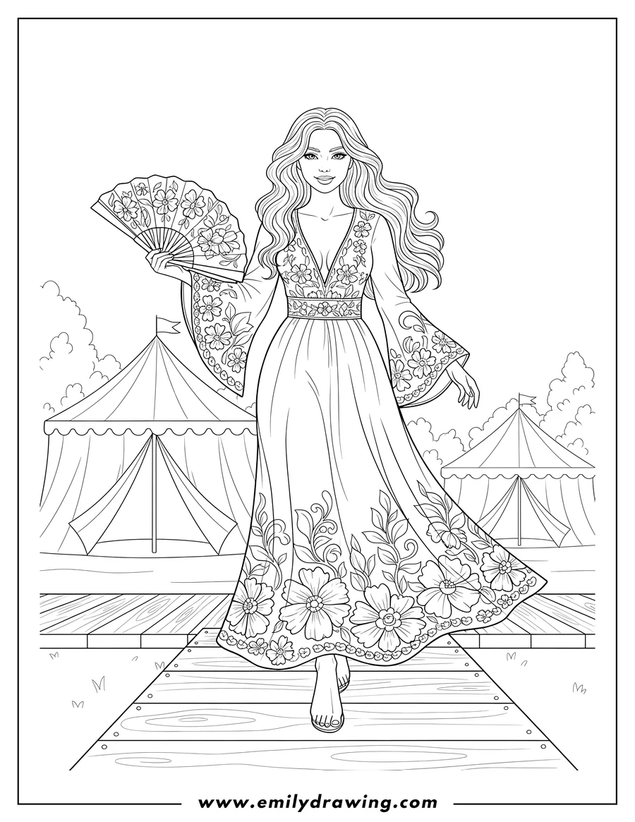 Linear illustration of woman with long wavy hair in a long-sleeved, V-neck Bohemian Maxi Dress with floral embroidery on the bodice and hem, walking on a festival runway