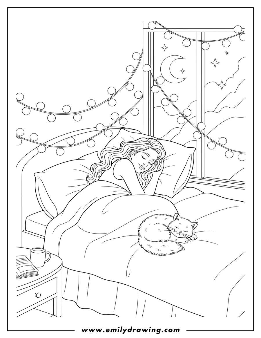 PDF style coloring page: woman sleeping in cozy bedroom with a cat and fairy lights