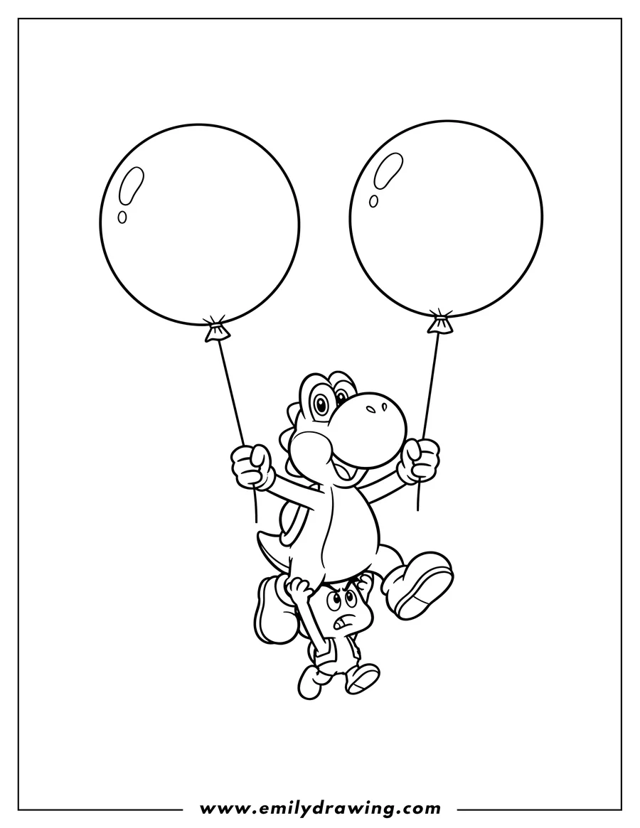 Simple sketch of yoshi and Goomba clinging to two balloons by their strings, with Goomba clinging to Yoshi's leg to color