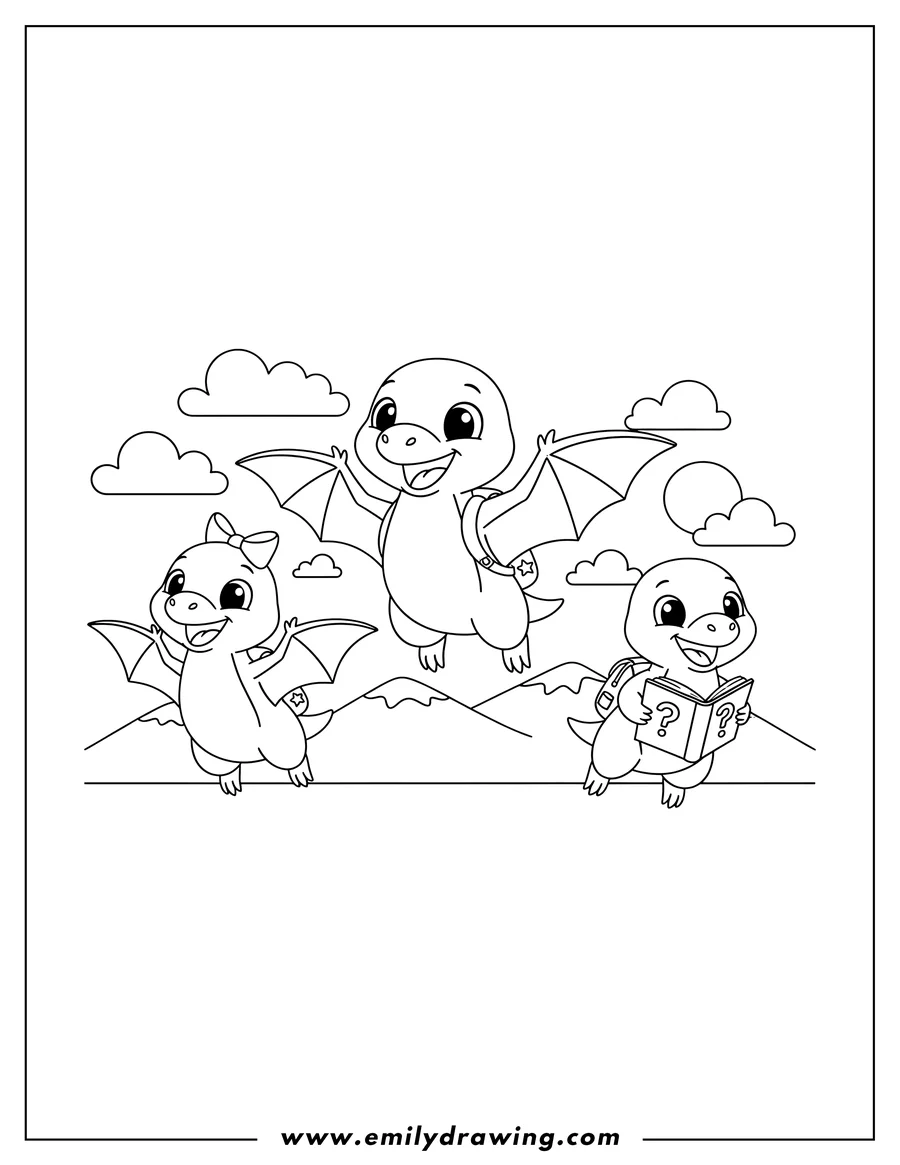 Coloring page of cute Pterodactyl Preschoolers flying and smiling