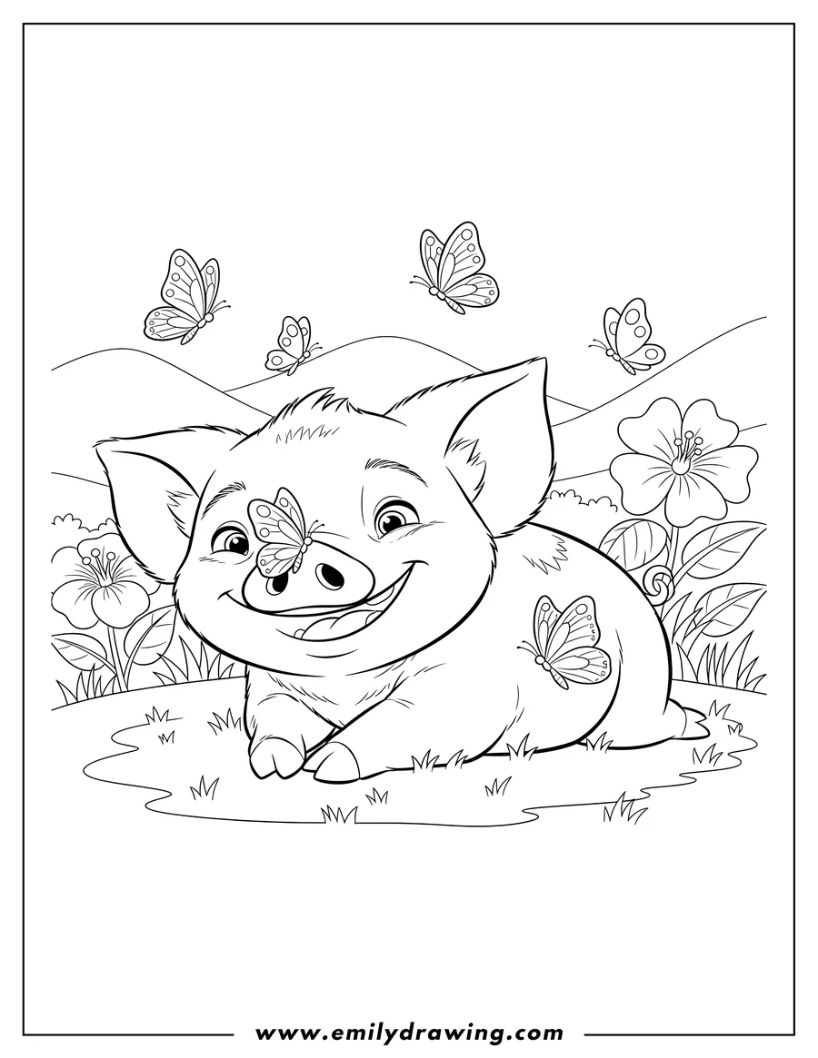 Vector style outline of pua Pig From Moana lying down, smiling, with butterflies