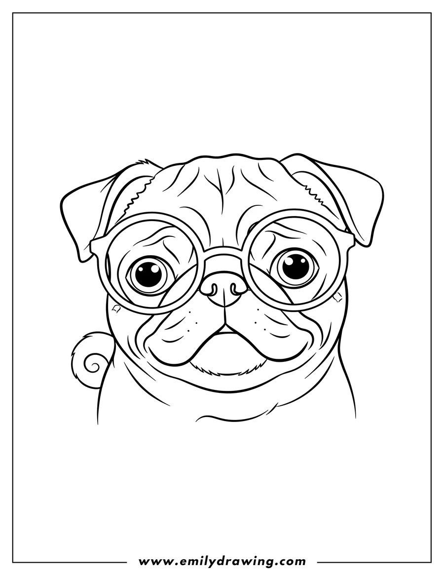 PDF style coloring page: cute Pug Wearing Glasses, headshot, for coloring