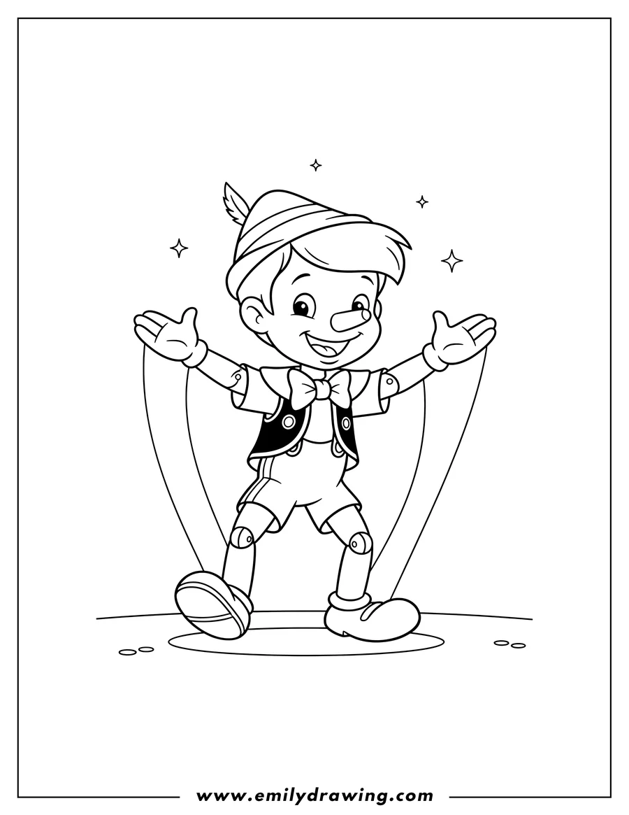 Printable line art of cute Puppet Pinocchio Dancing, smiling with outstretched arms