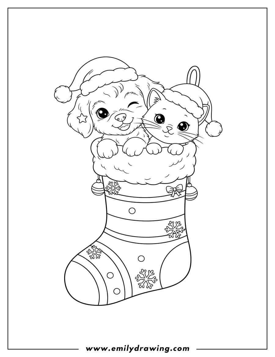 PDF style coloring page: adorable Puppy And Kitten Inside Christmas Stocking, puppy winking and kitten smiling