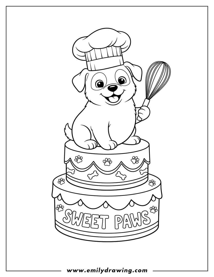 Clean line drawing: A cute puppy wearing a chef's hat and holding a whisk, on top of a two-tier cake, decorated with paw prints, frosting swirls, and the text 'SWEET PAWS'