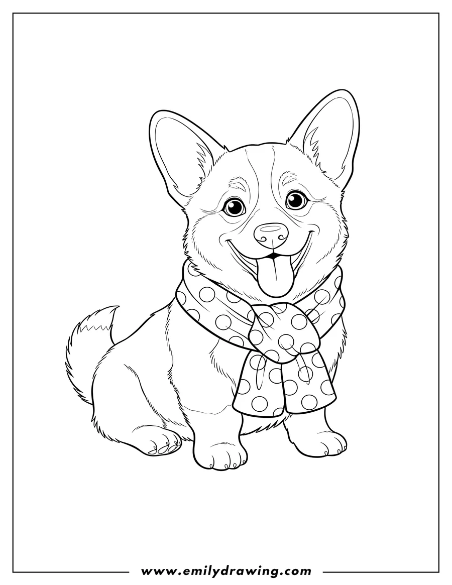 Free to print drawing of puppy Corgi Wearing Polka Dot Scarf, sitting and smiling with tongue out