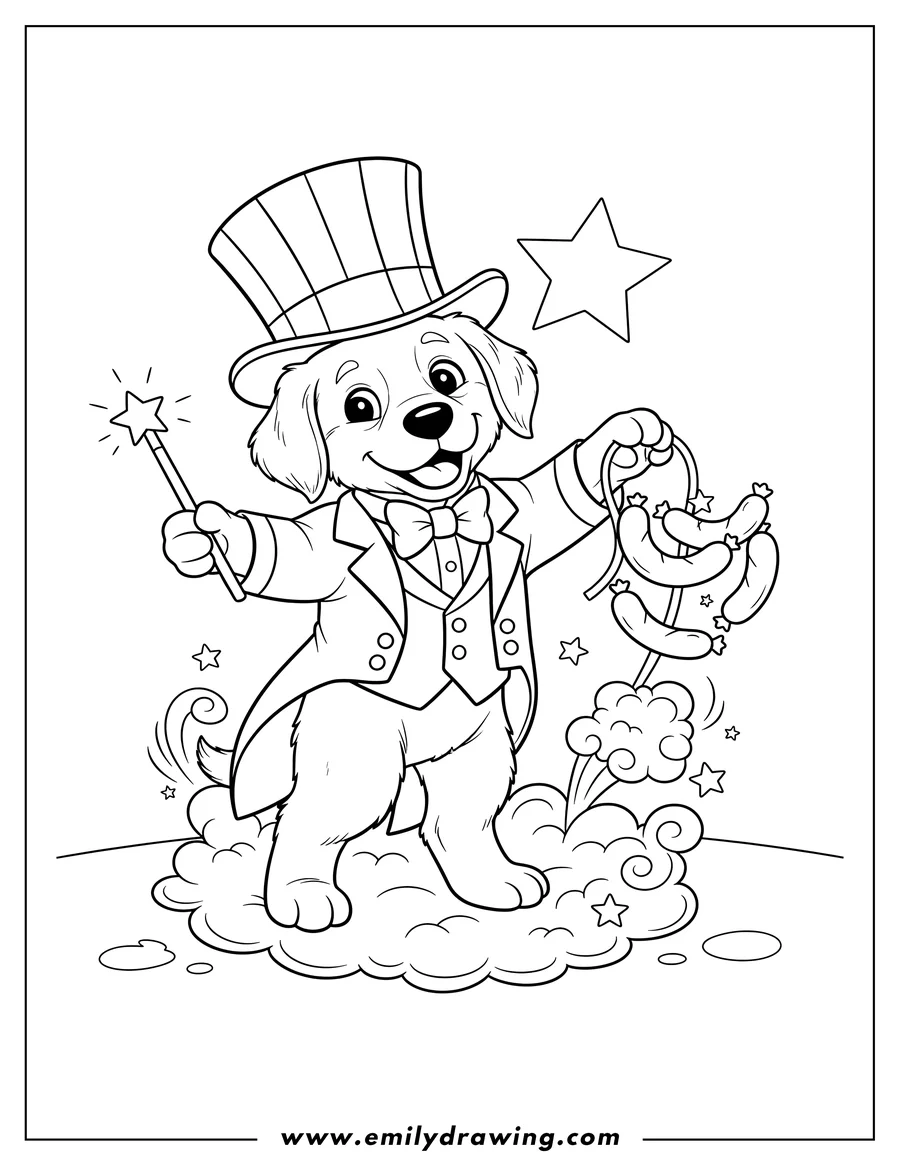 Printable line art of puppy Magician wearing a top hat and magician's coat with outstretched arms