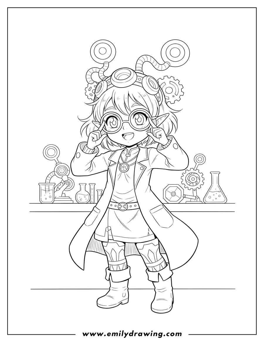 High quality printable cute Little Purah wearing glasses, pushing them up with her fingers, and a unique headpiece for coloring