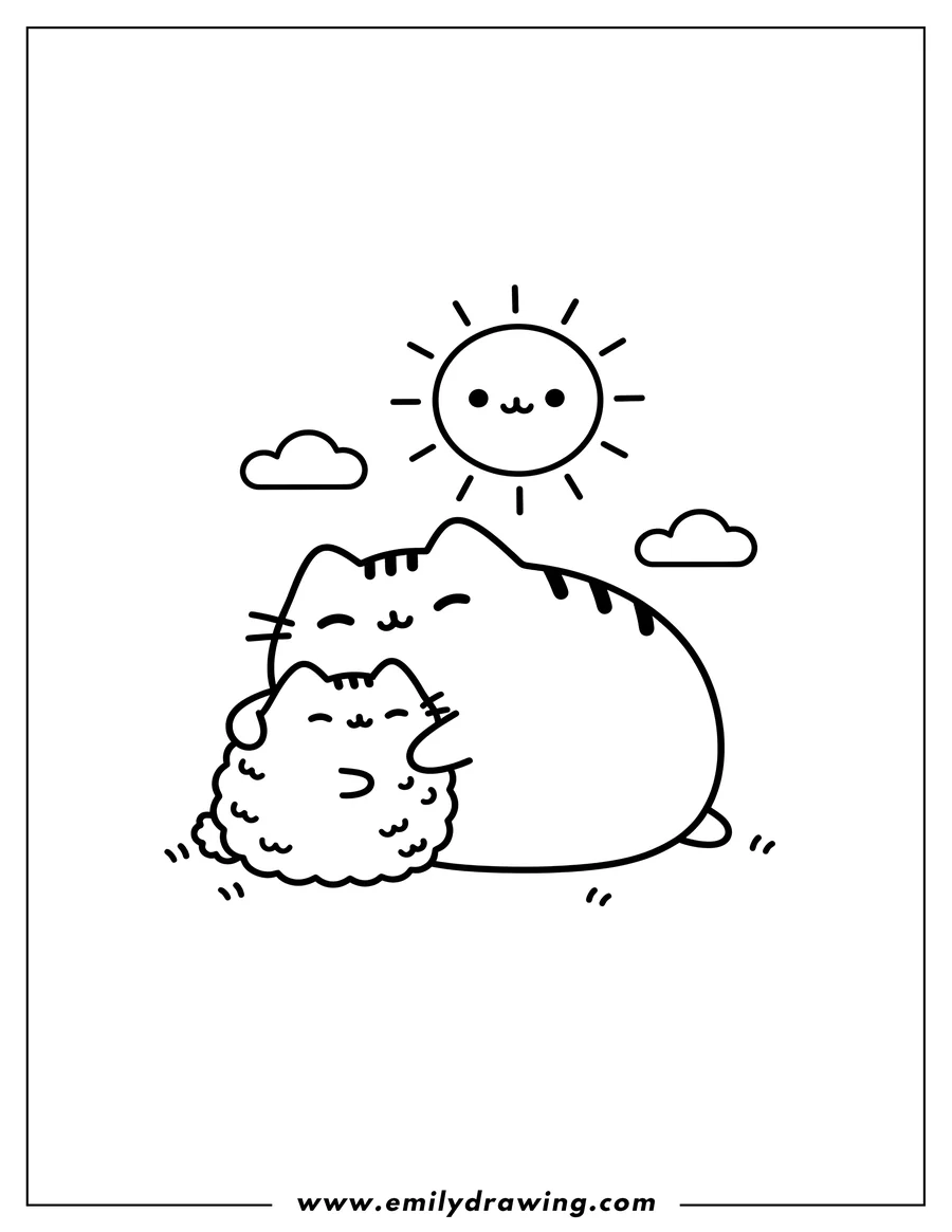 Coloring page of adorable Pusheen lying down and cuddling with fluffy Stormy, under a smiling sun