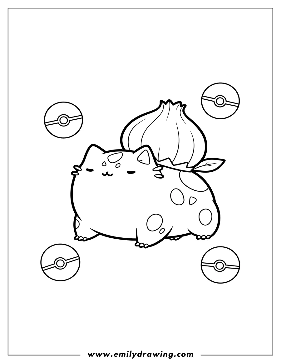 High quality printable cute Pusheen Bulbasaur with body spots and three floating Pokeballs To Color Scaled for coloring