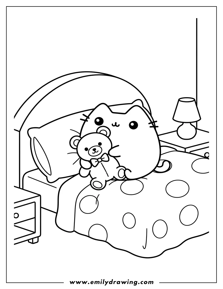 Printable line art of A cute Pusheen cat cuddling a teddy bear while lying on a bed