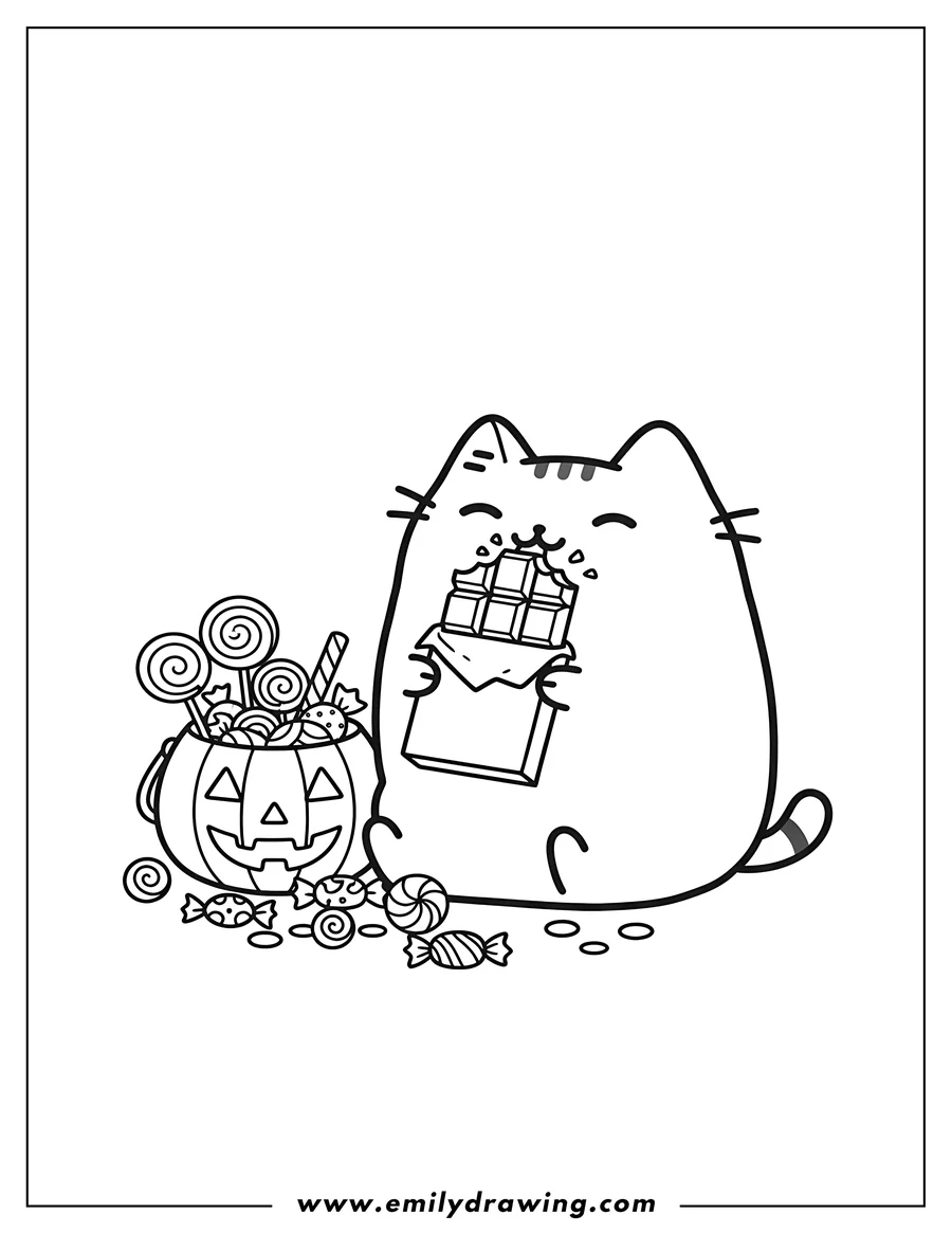Vector style outline of pusheen eating a chocolate bar, sitting next to a pumpkin candy bucket with scattered treats