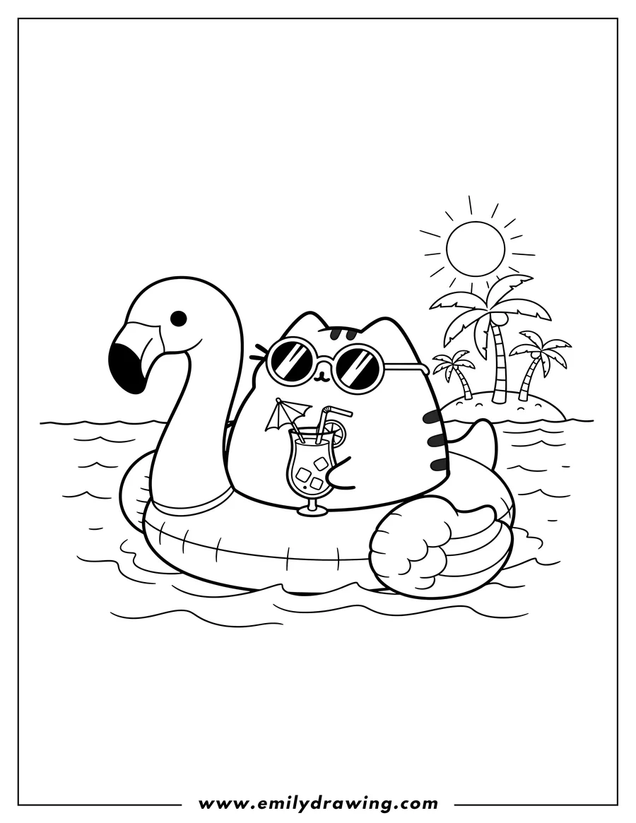 High quality printable pusheen floating in a flamingo floatie, wearing sunglasses, and holding a drink for coloring