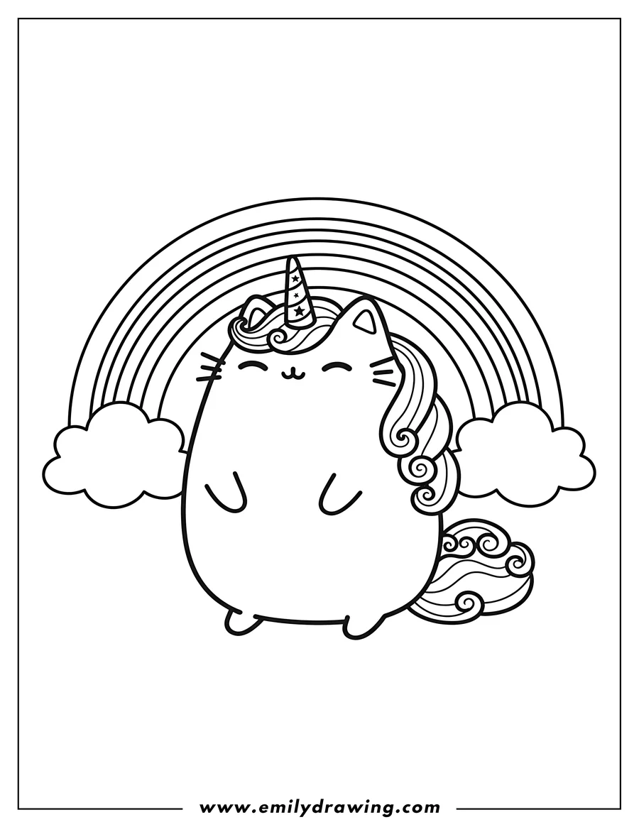 Downloadable coloring page of cute Pusheen Unicorn Cat standing with closed eyes and a rainbow