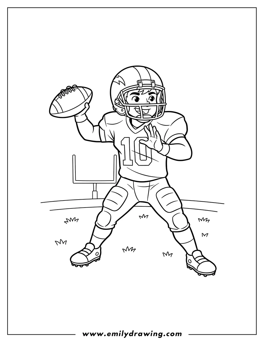 Printable coloring page of football Player quarterback preparing to throw a football