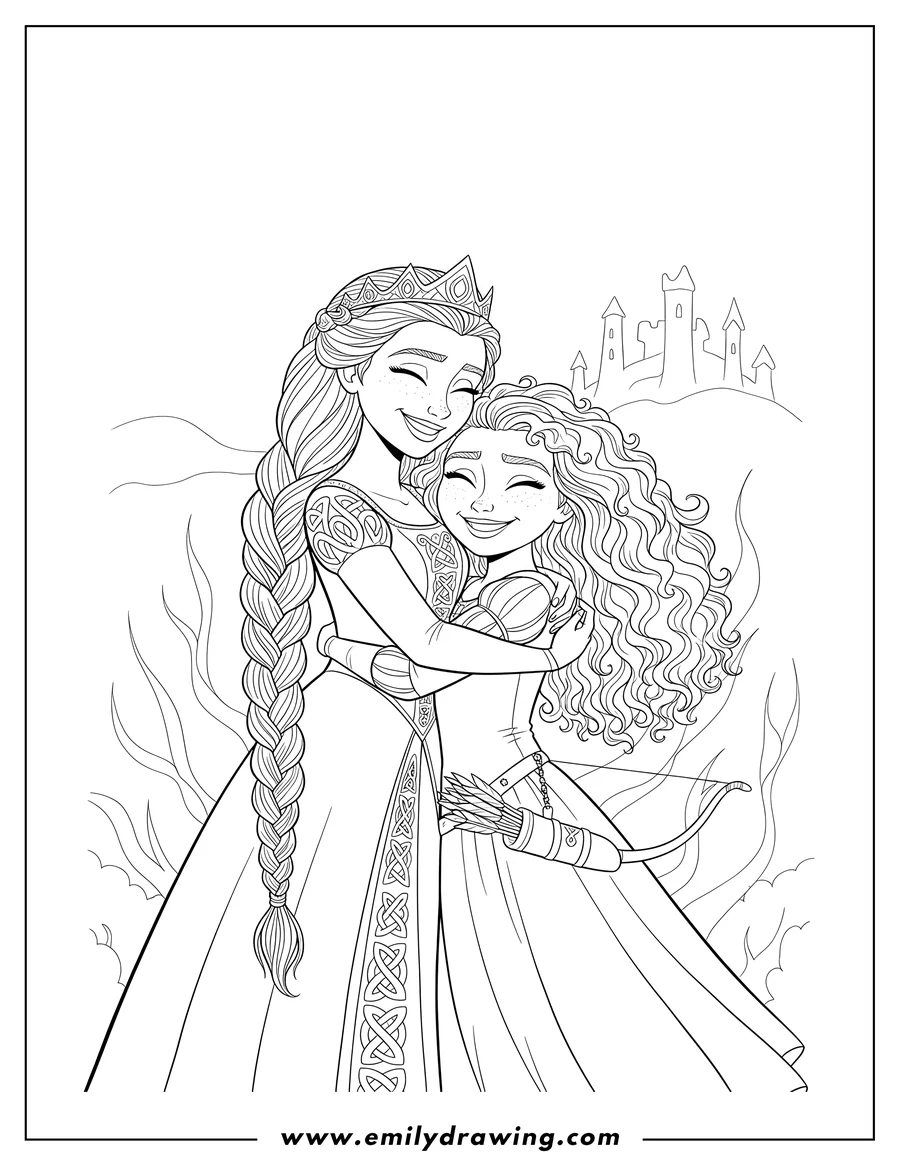 Coloring page for kids: queen Elinor with long braided hair hugging Merida closely, both smiling warmly