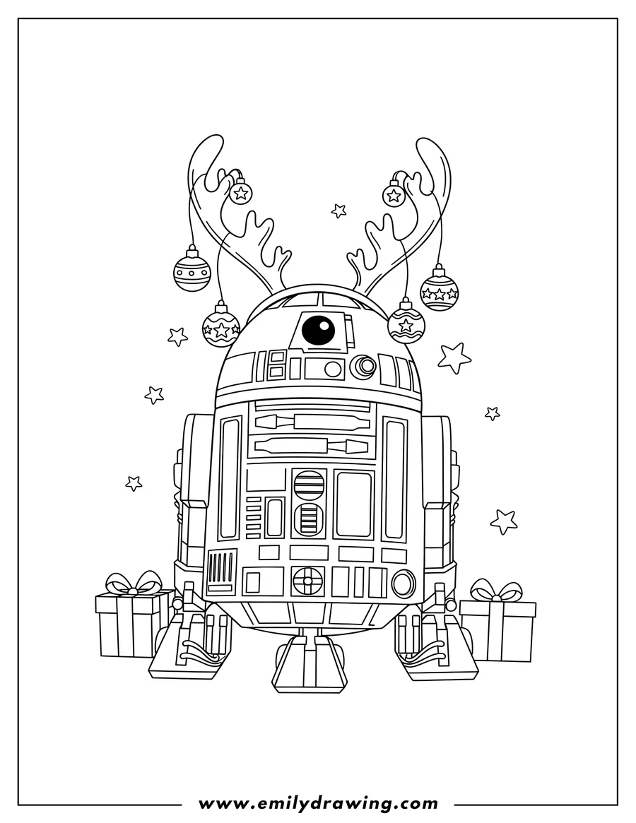 Clean line drawing: cute R2 D2 with reindeer antlers decorated with Christmas baubles