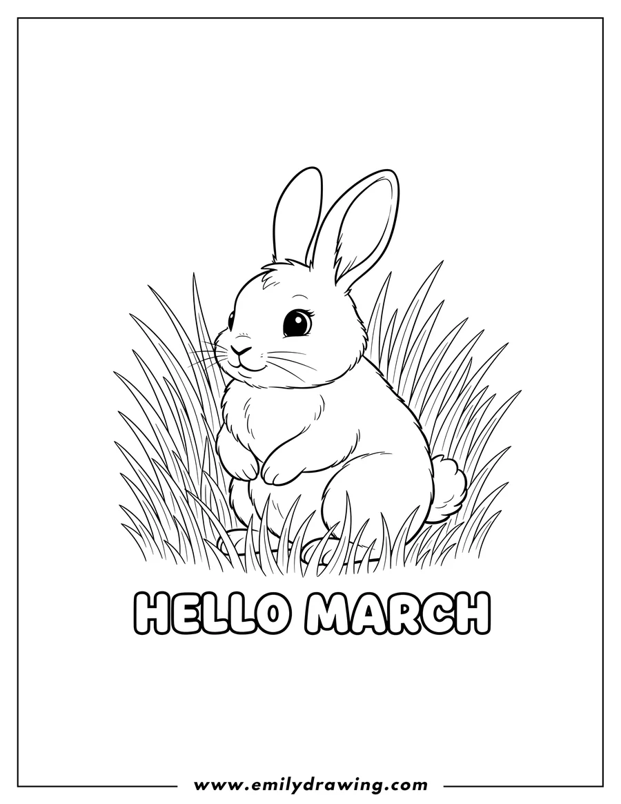 Coloring page of cute Rabbit in tall grass looking left, above 'Hello March' words