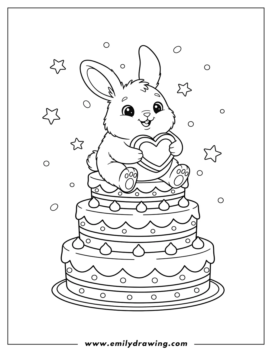 Free printable coloring sheet of cute rabbit sitting on a layered cake, holding a heart-shaped treat