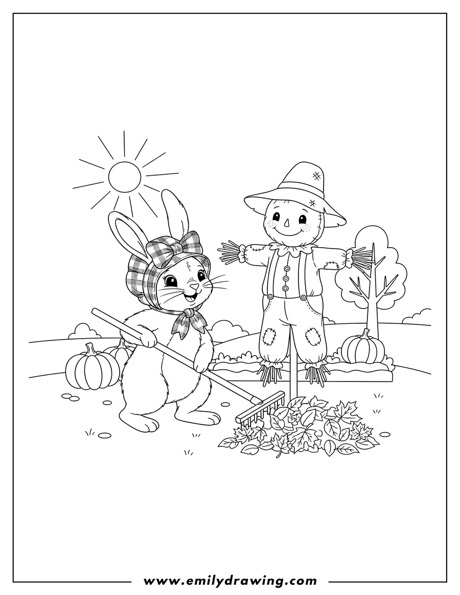 Coloring page for kids: A rabbit in a bonnet holding a rake and sweeping leaves next to a scarecrow in a hat