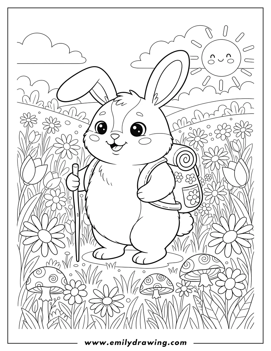 Linear illustration of cute Rabbit wearing a backpack Hiking On Flower Field