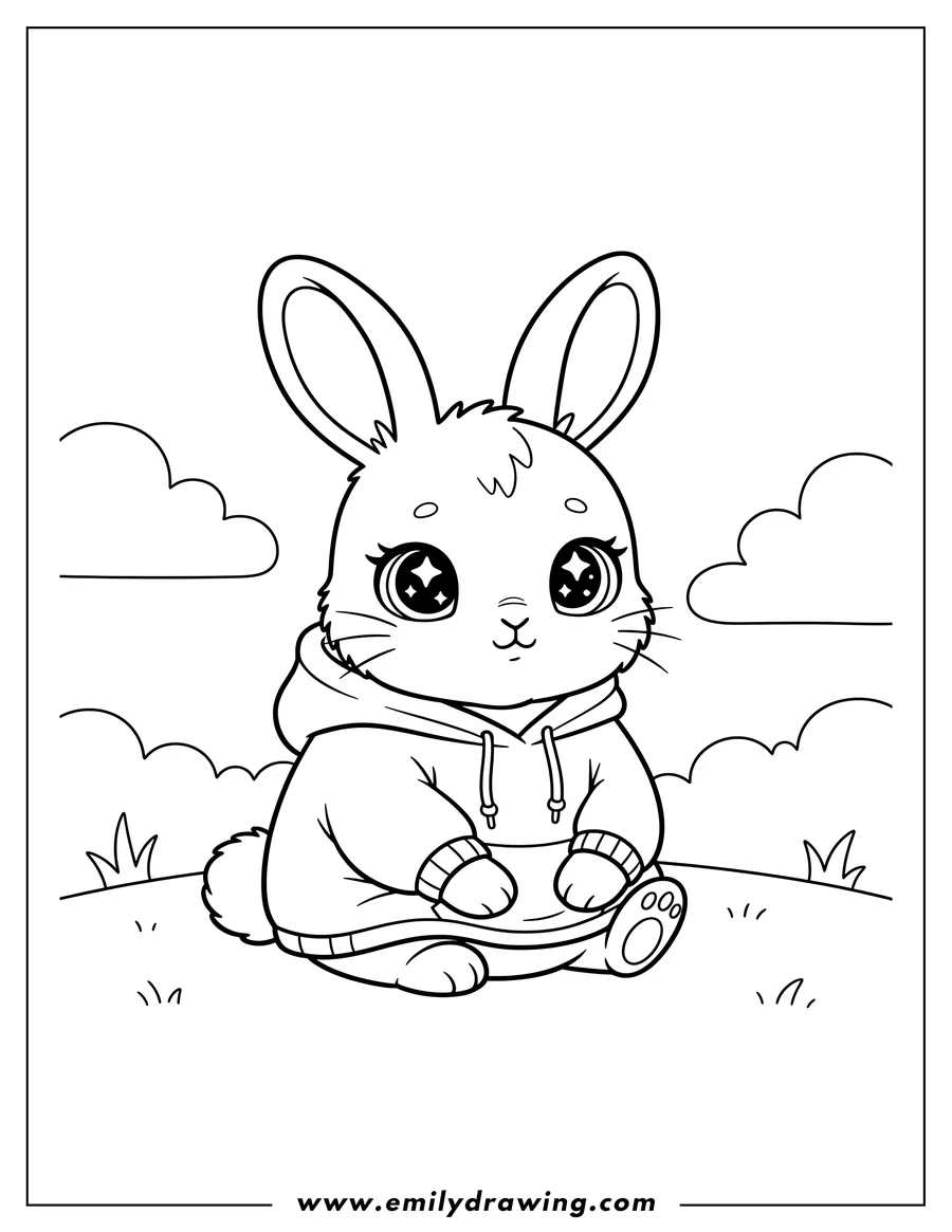 Downloadable coloring page of easy Rabbit Wearing Hoodie, cute, sitting, with big sparkling eyes