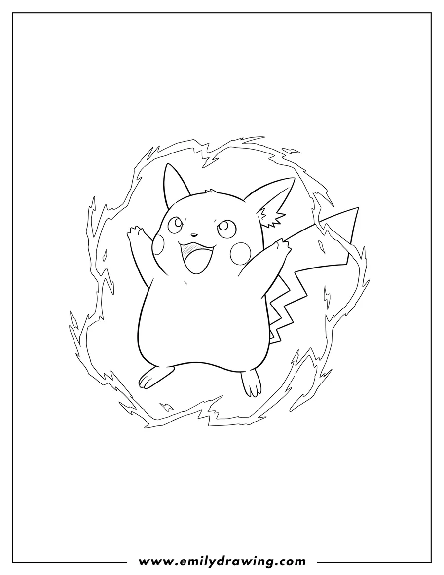 Downloadable coloring page of cute Raichu with open mouth and raised paws, using its tail in battle