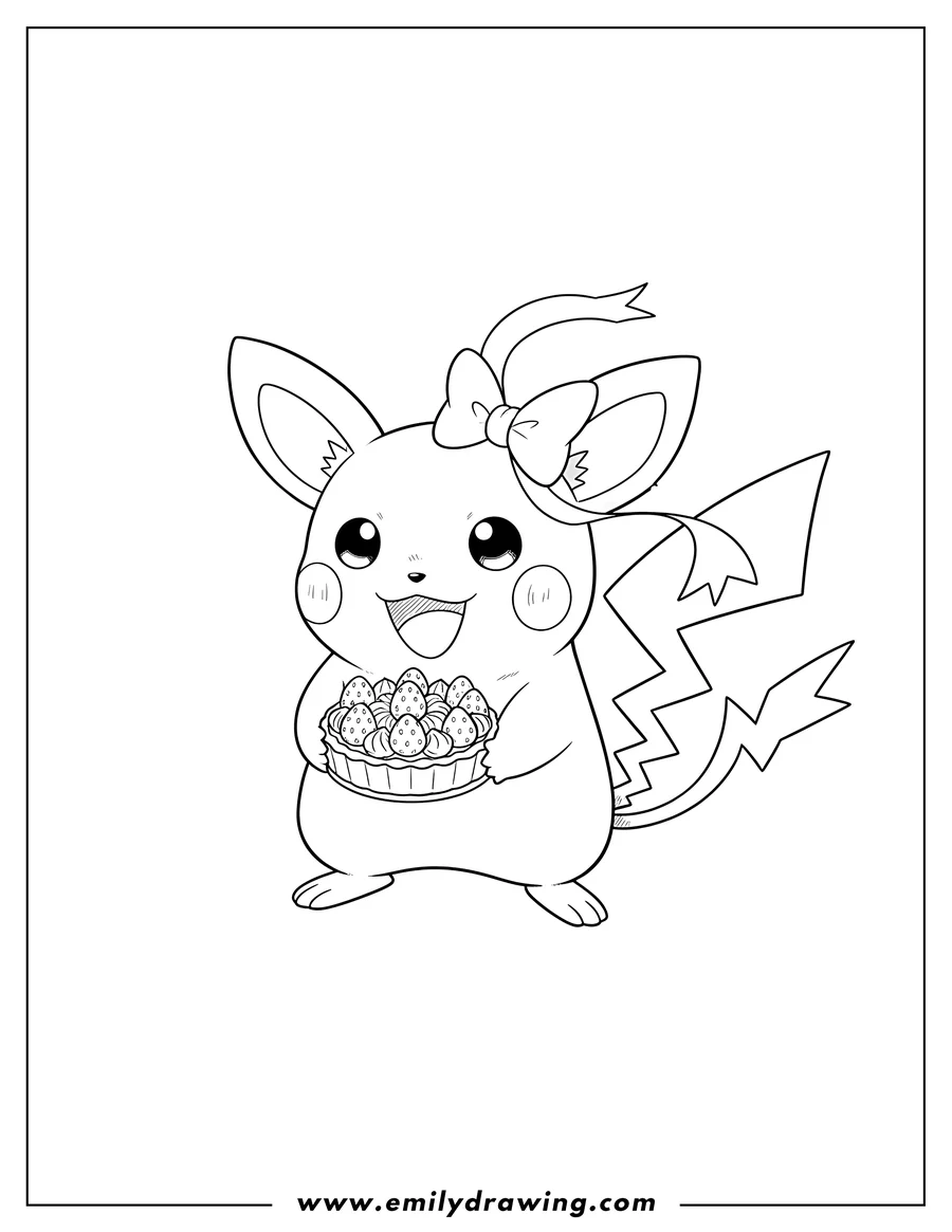 High quality printable raichu with bow, smiling, holding a strawberry tart for coloring