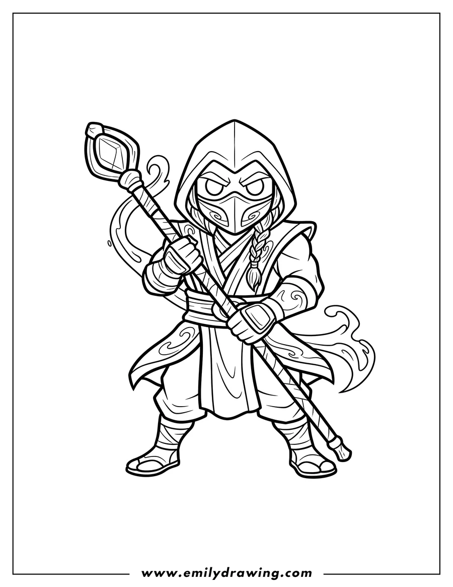 High quality printable mortal Kombat Rain holding a staff with both hands for coloring