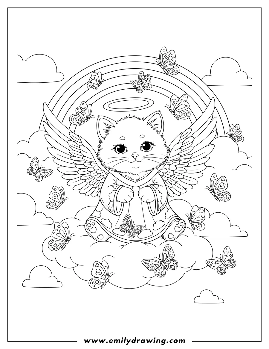 Free printable coloring sheet of rainbow Angel Kitten sitting with butterflies