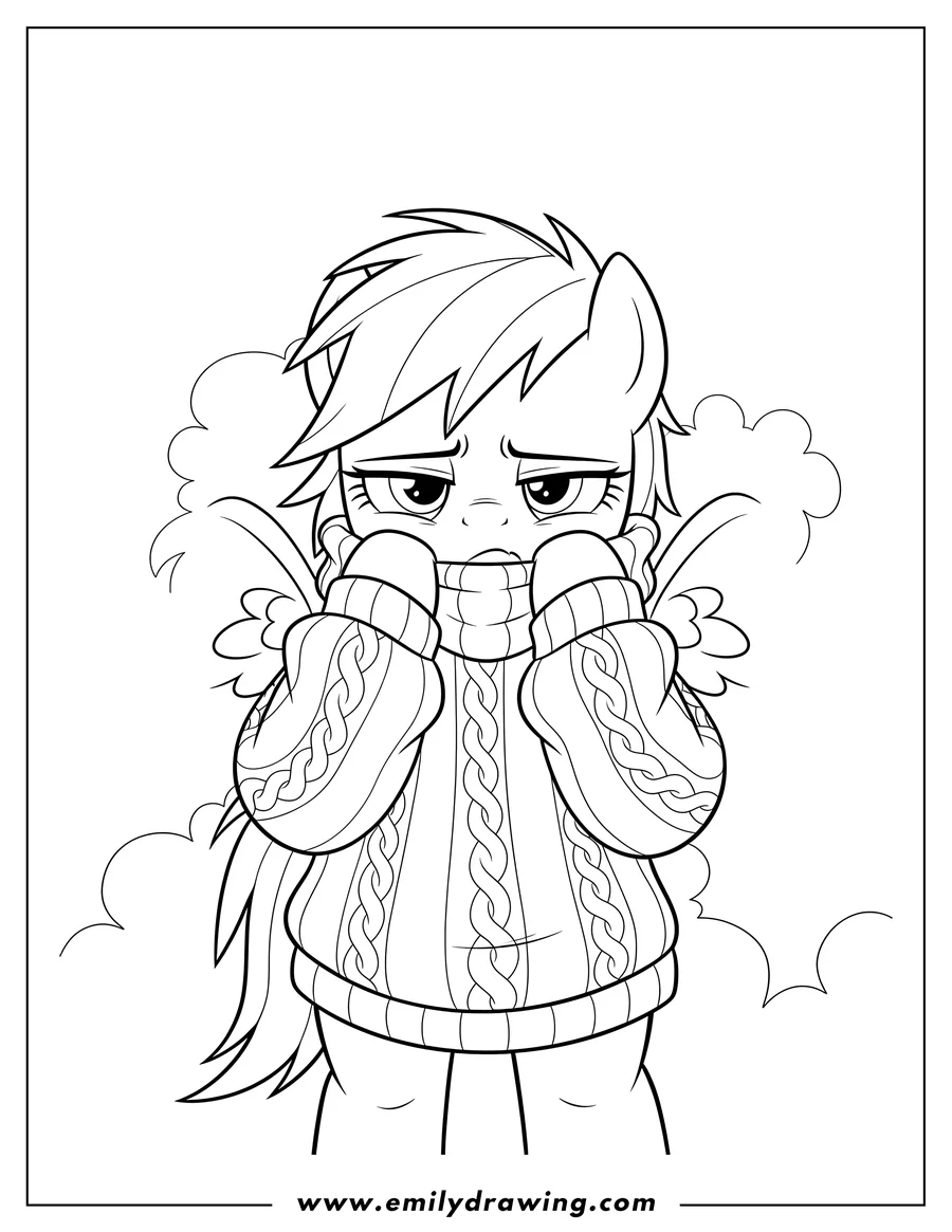 Printable line art of cute Rainbow Dash Wearing Sweater, looking grumpy while pulling her sweater up