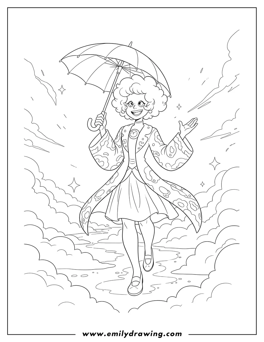 Clean line drawing: rainbow Quartz 2.0 walking on clouds, holding an umbrella, and smiling
