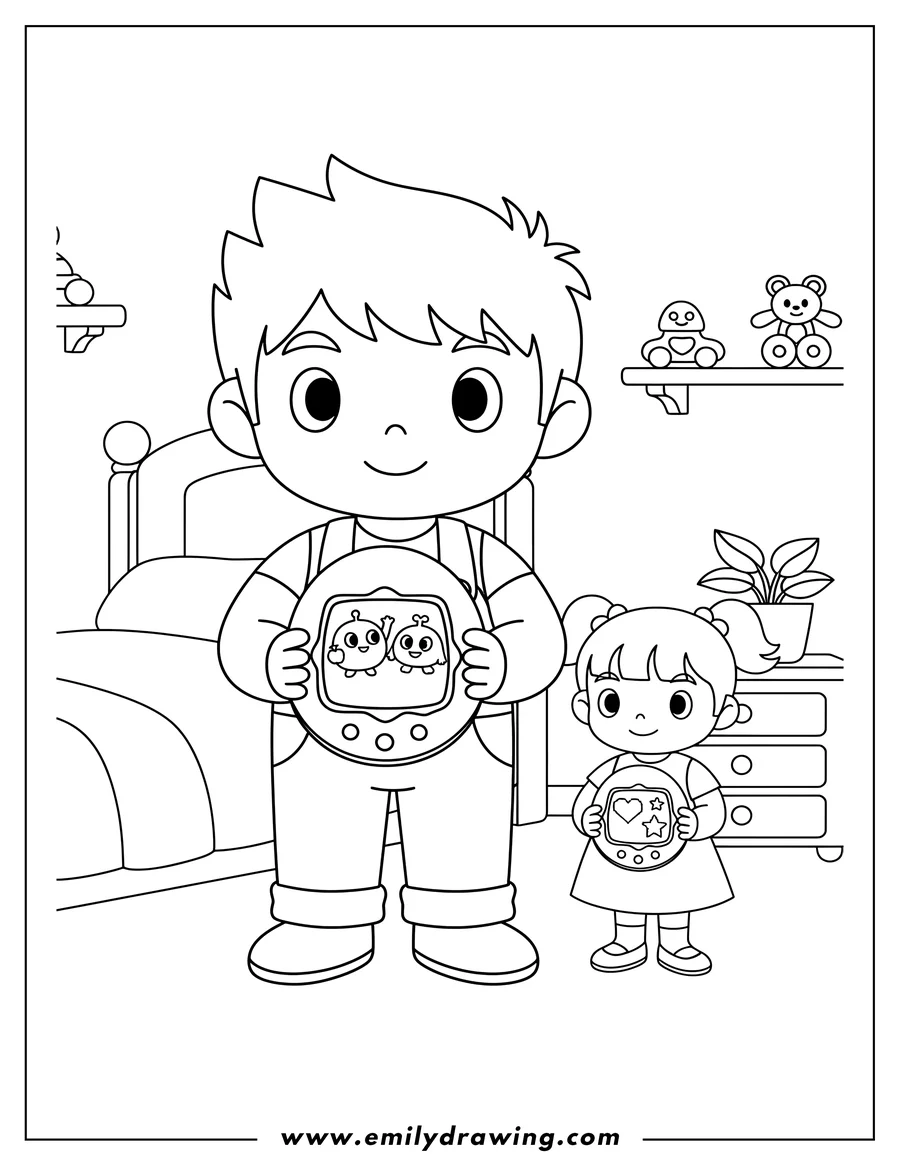 High quality printable raising Tamagotchi Pets, with two characters standing in their room on the Tamagotchi screen for coloring