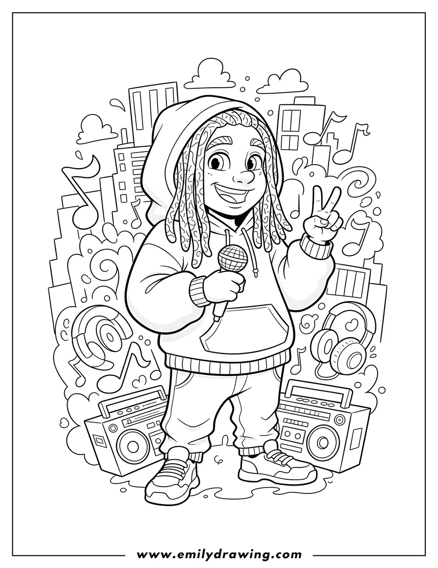 Printable line art of rapper with dreadlocks and a hoodie, surrounded by musical graffiti, with a city background