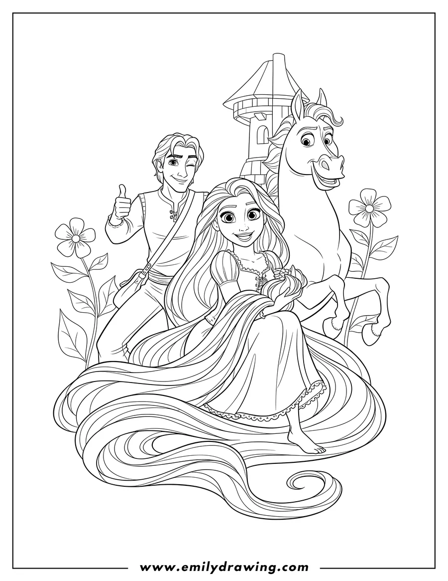 Black and white line art of rapunzel, Flynn Rider, and Maximus from Tangled, with Rapunzel holding her long hair