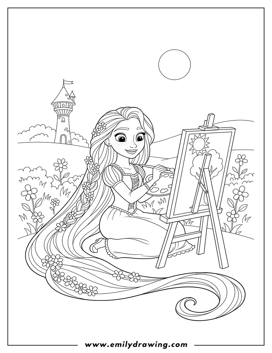 Black and white line art of cute Rapunzel Painting Outdoors, holding a paintbrush and palette, with long flowing hair