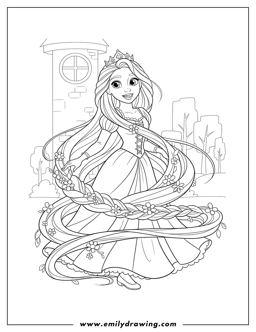 Vector style outline of cute Rapunzel Twirling Hair, smiling and wearing a crown