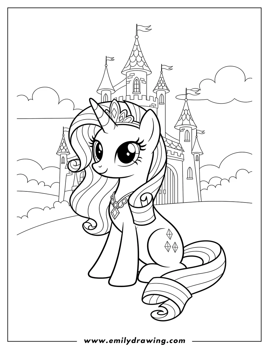 Printable line art of cute Rarity sitting with her diamond cutie mark, with a castle background