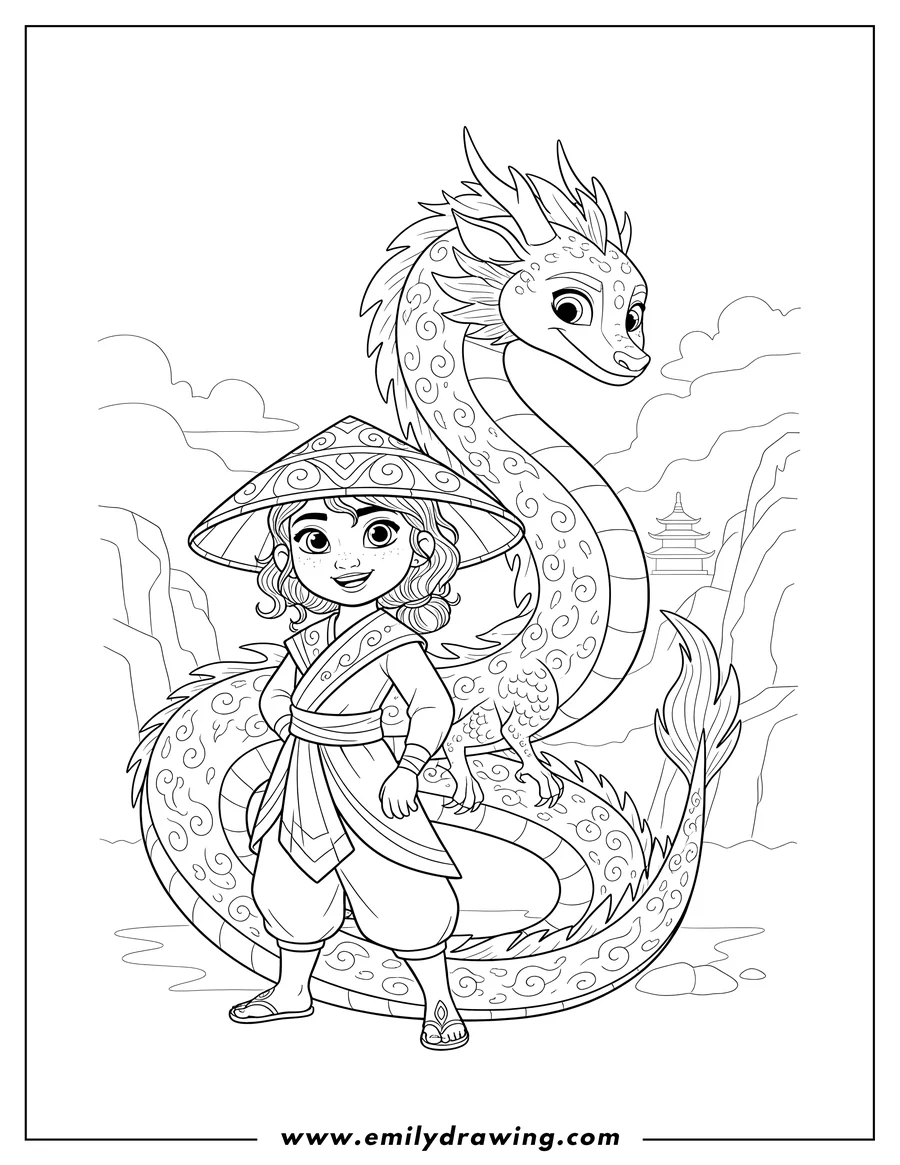 Doodle style coloring picture of cute Raya in a conical hat and Sisu the dragon back to back