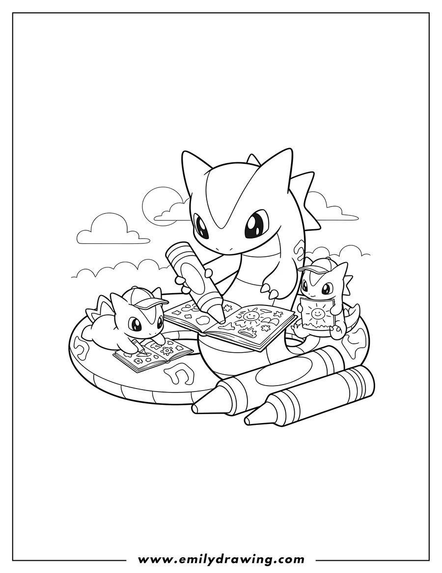 Vector style outline of cute Rayquaza Preschoolers, coiled, coloring page