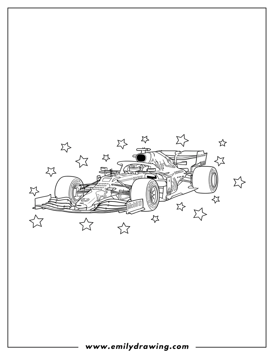 Free to print drawing of red Bull Rb16B F1 Race Car with stars