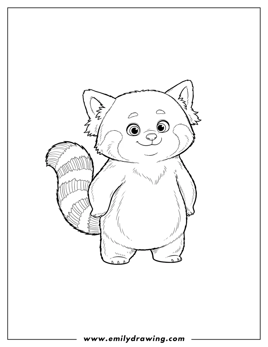 Full page coloring image of red Panda from Turning Red Movie standing with a striped tail