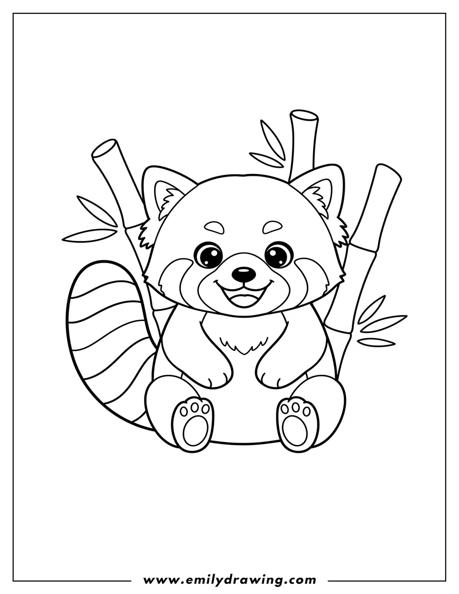 Clean line drawing: cute Red Panda sitting and smiling To Color