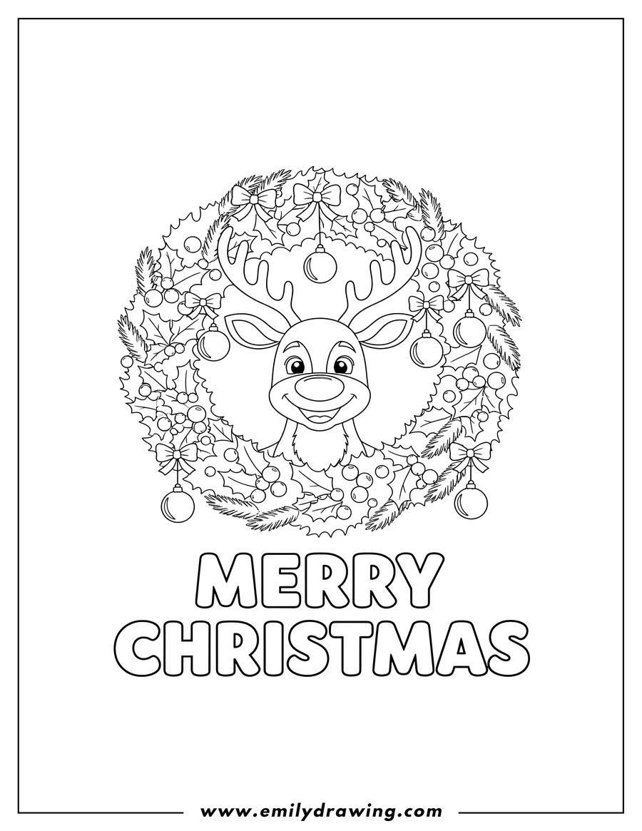 Linear illustration of reindeer head peeking from a Christmas wreath with ornaments, and MERRY CHRISTMAS text below, to color